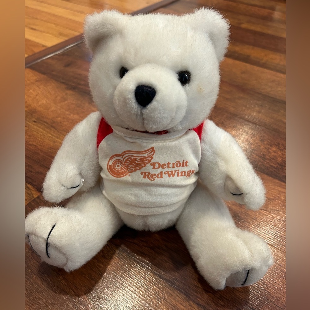 Vintage Detroit Red Wings Teddy Bear White 9” Tall